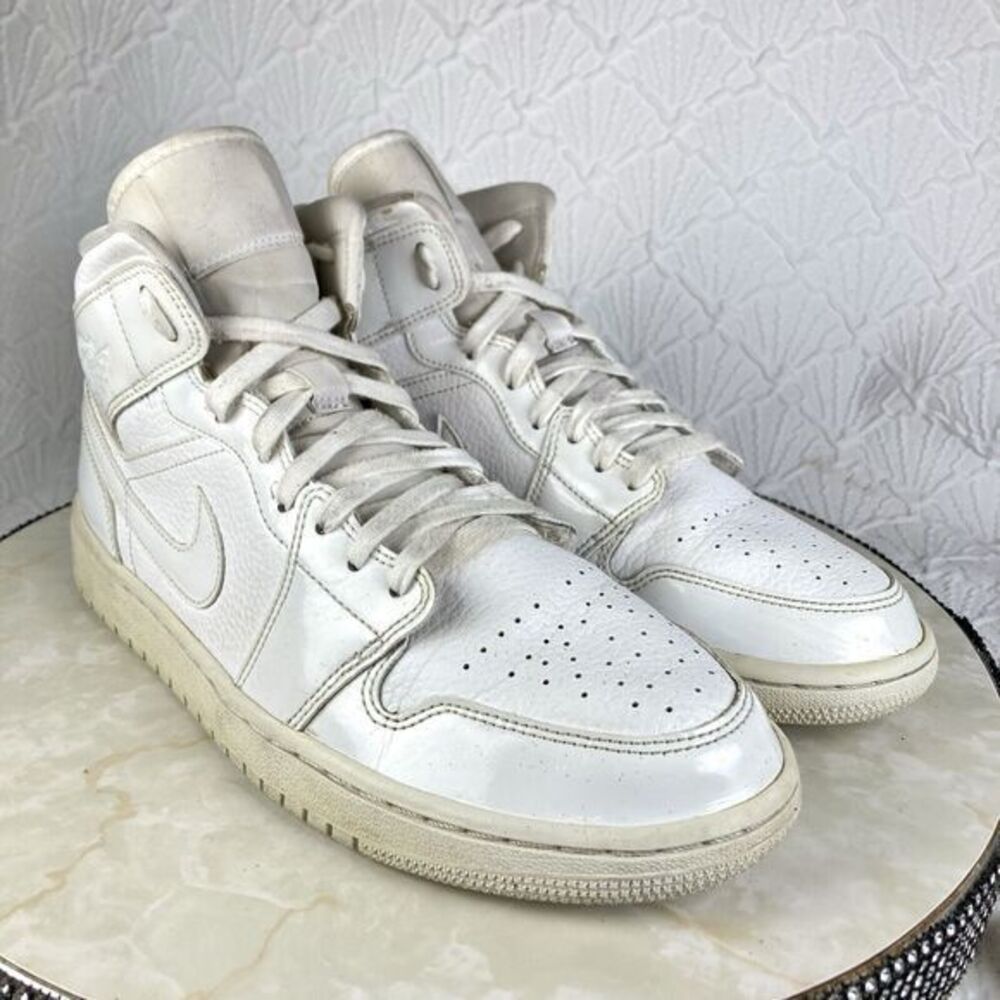 Nike Air Jordan 1 Mid Sneakers Mens 10.5 Triple White Leather High Rise Shoes - Picture 2 of 13